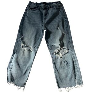 Judy Blue Boyfriend Jeans with Ripped Knees and Frayed Hem in Blue